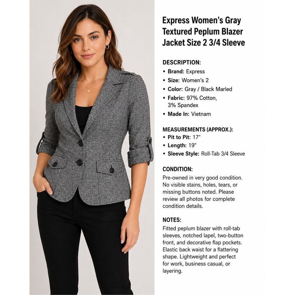 Express Women’s Gray Textured Peplum Blazer Jacket Size 2 3/4 Sleeve